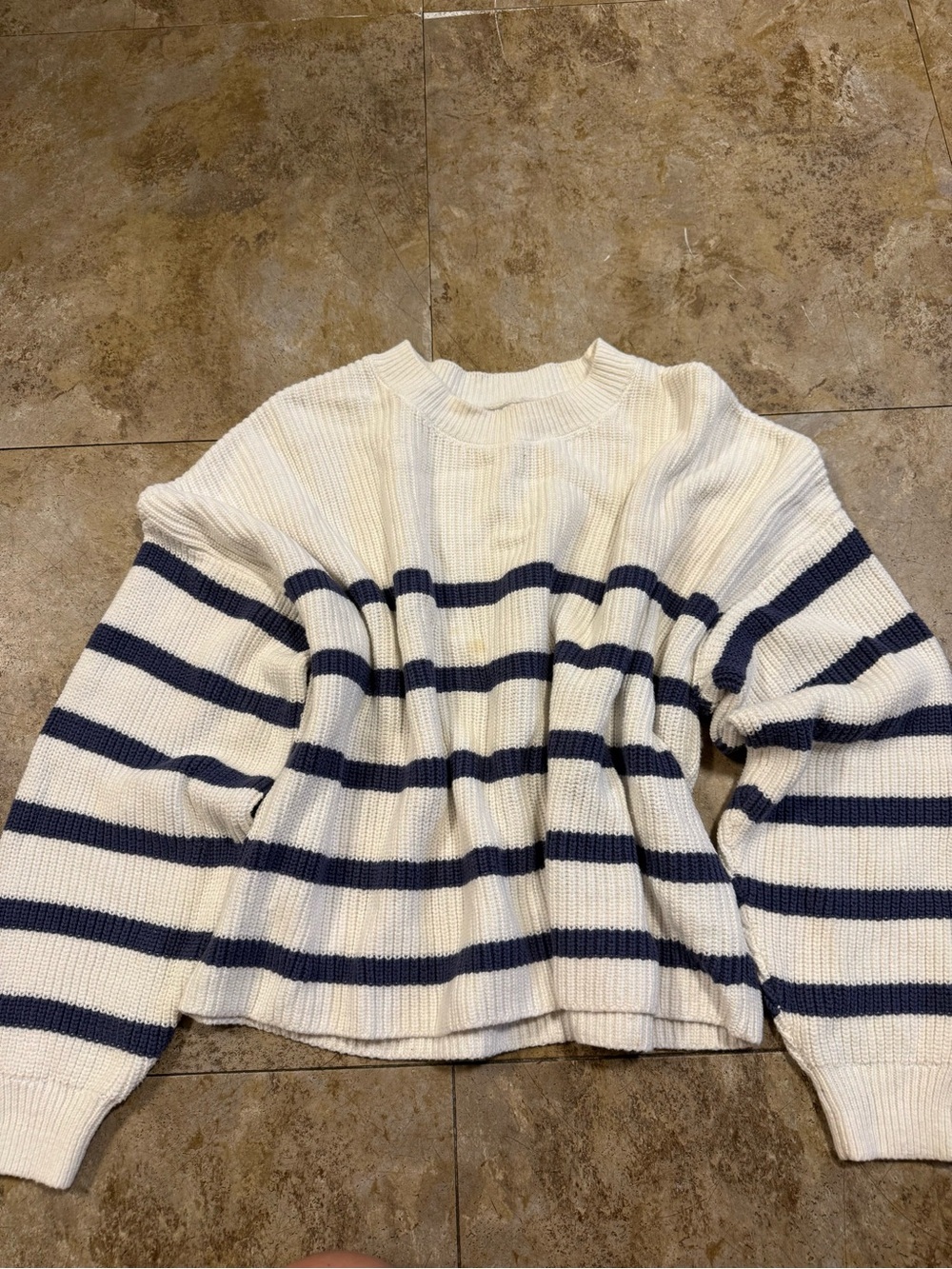 Hollister Cream and Navy Striped Crewneck Sweater